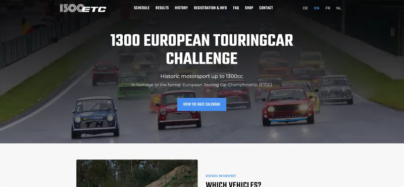 1300ETC homepage hero showing a grid of historic touring cars racing at Circuit de Spa-Francorchamps in the rain