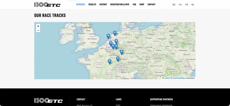 Interactive Leaflet map pinning every 2026 season race track across Germany, Belgium, the Netherlands and France
