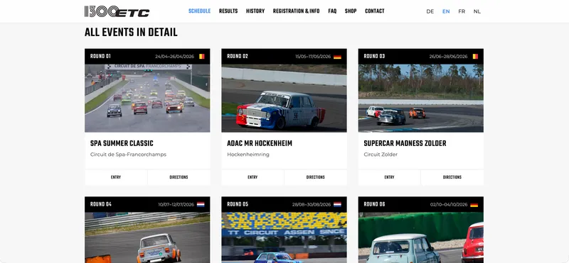 Race calendar detail cards for the 2026 season showing real dates, tracks and country flags for Spa, Hockenheim and Zolder