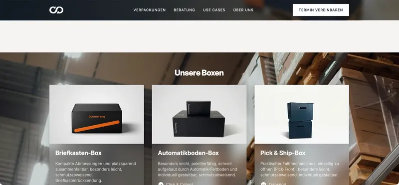 Boomerang product grid showing the letterbox-slot, auto-bottom, and Pick & Ship reusable box models
