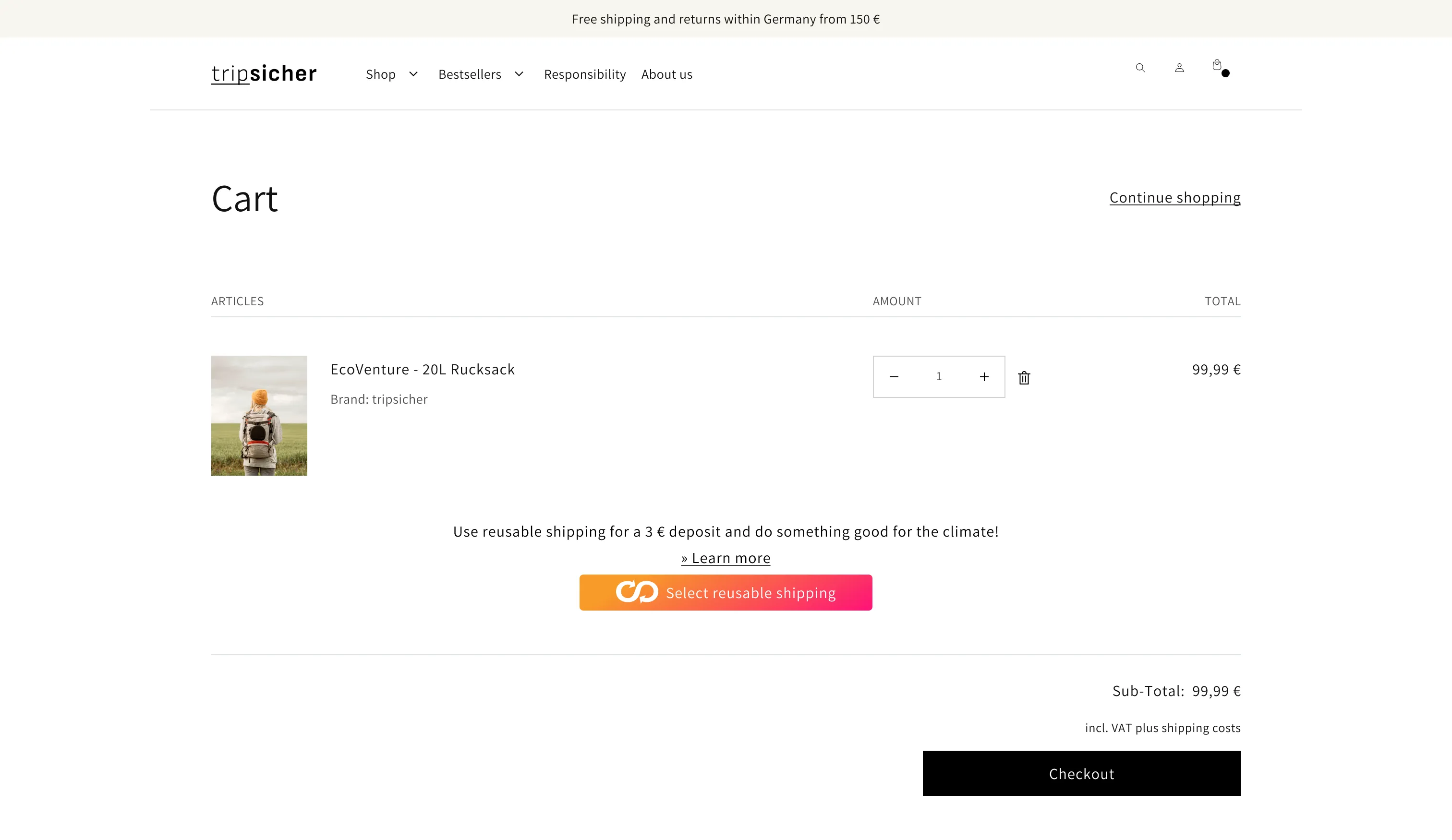 Boomerang's shipped cart widget on a demo Shopify store, showing a rucksack at a subtotal of 99,99 euros and an orange banner reading "Use reusable shipping for a 3 euro deposit and do something good for the climate," with a Select reusable shipping button and no reusable item added yet