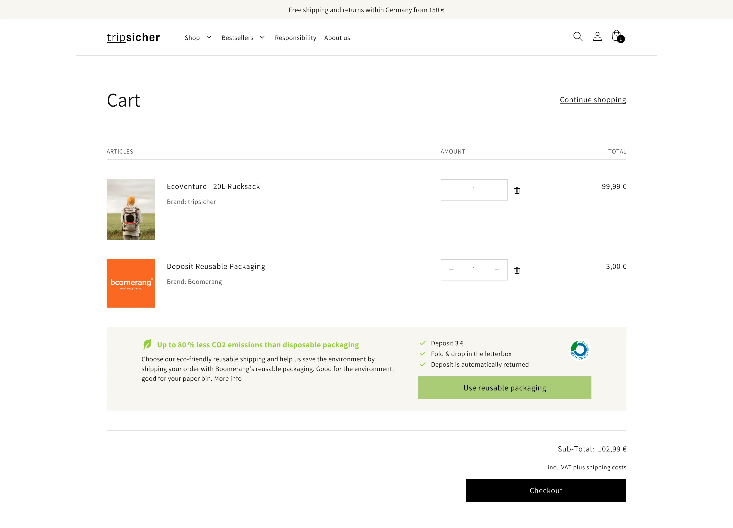 Redesigned cart on the demo shop tripsicher, headed Cart with a Continue shopping link, listing two line items, EcoVenture - 20L Rucksack from tripsicher at 99,99 euros and Deposit Reusable Packaging from Boomerang at 3,00 euros, both quantity 1. Below the line items sits the framing nudge on a cream panel: a green leaf icon and the bold green headline "Up to 80 percent less CO2 emissions than disposable packaging," a paragraph of body copy, and on the right three green check lines, Deposit 3 euros, Fold and drop in the letterbox, Deposit is automatically returned, the blue and white Mehrweg mark, and a pale green Use reusable packaging button. Underneath, a Sub-Total of 102,99 euros, the note incl. VAT plus shipping costs, and a black Checkout button
