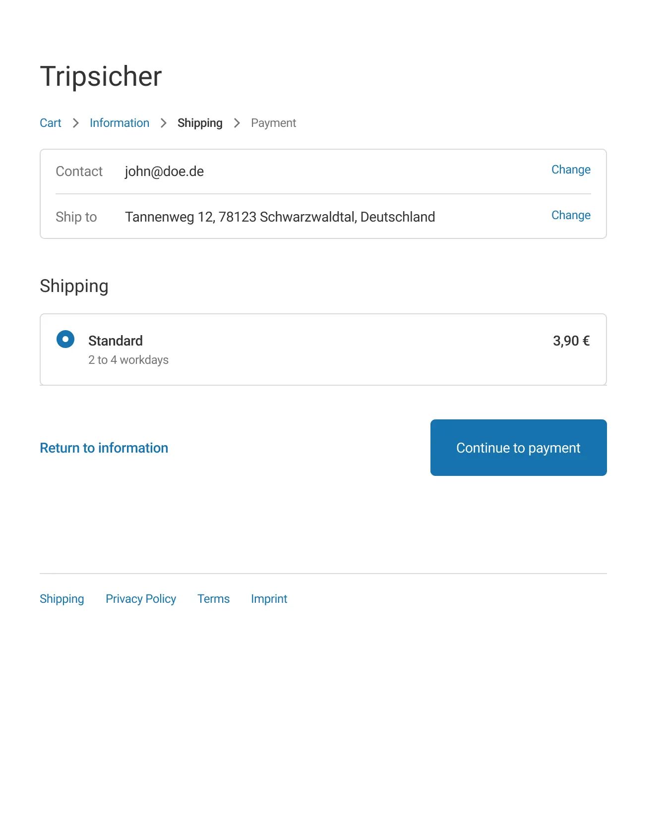 Shipping step in the current integration, showing only a Standard option at 3,90 euros for 2 to 4 workdays. Nothing on the screen mentions reusable packaging.