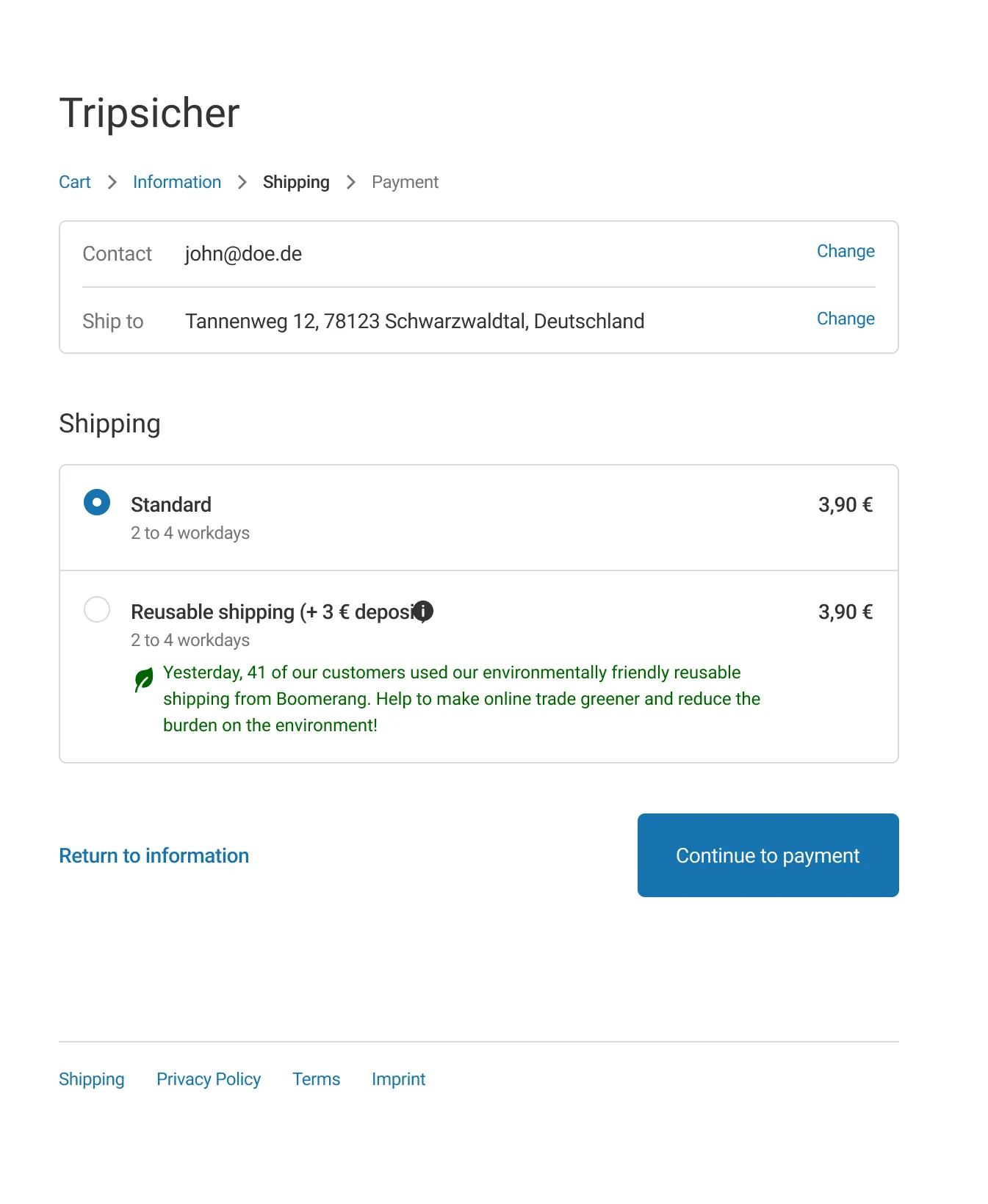 Redesigned shipping step with two options priced the same at 3,90 euros: Standard, selected, and Reusable shipping with a 3 euro deposit, next to a green line noting that 41 customers chose reusable shipping the day before