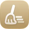 Cleankey app icon: a white outlined broom with speed lines on a warm tan background