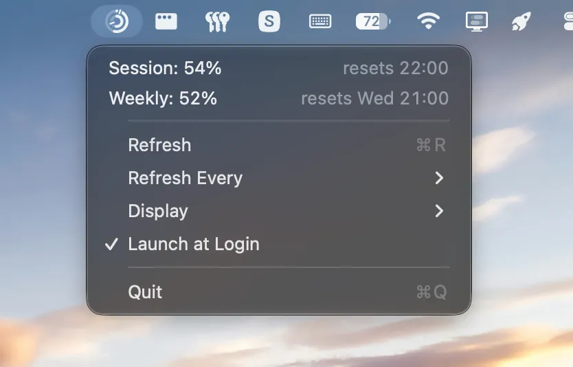 Crescent's open menu in the macOS menu bar: session 54% used, resetting at 22:00, and weekly 52% used, resetting Wednesday at 21:00, above Refresh, Refresh Every, Display, Launch at Login and Quit