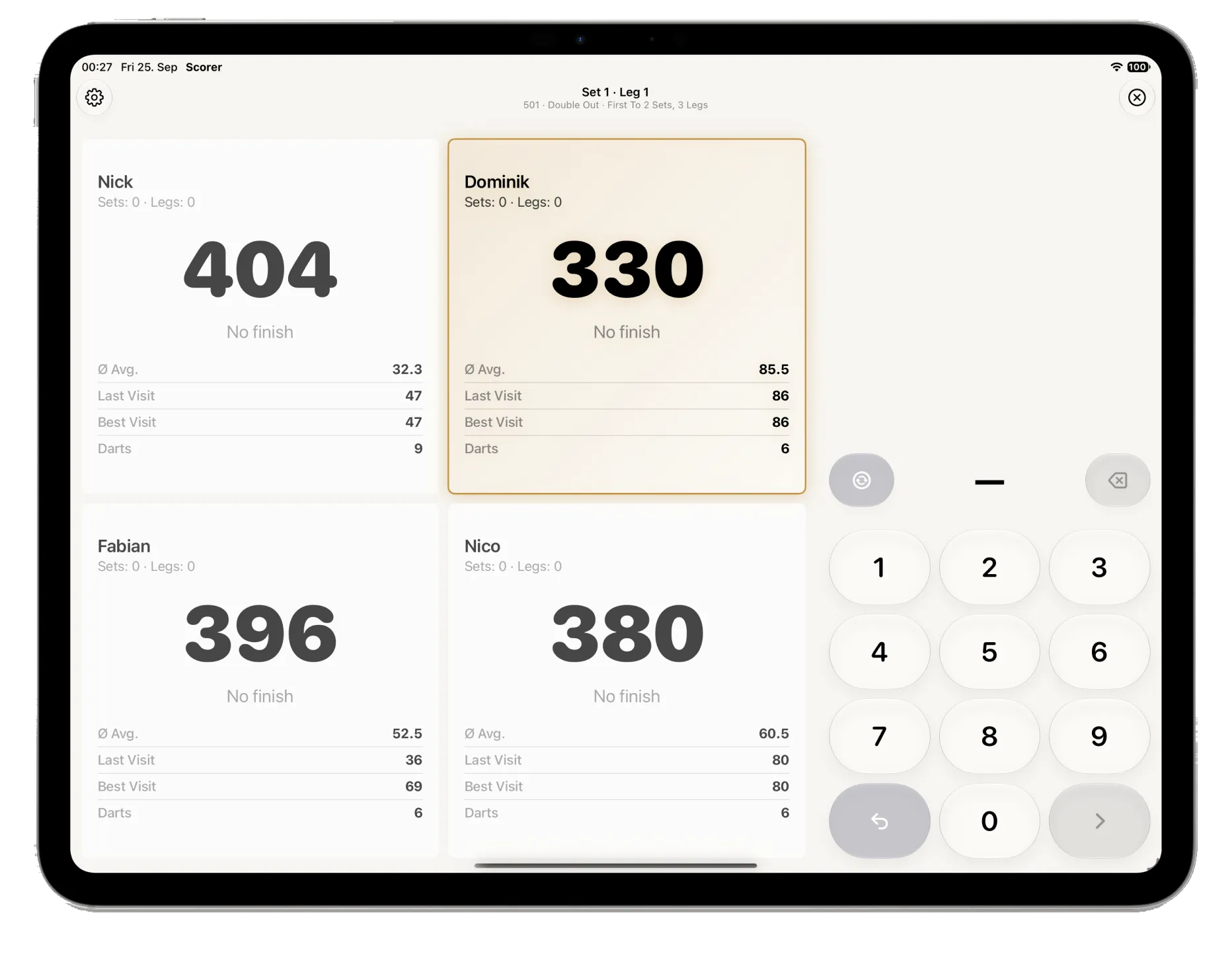 Scorer on an iPad in landscape, showing four player score cards beside the keypad