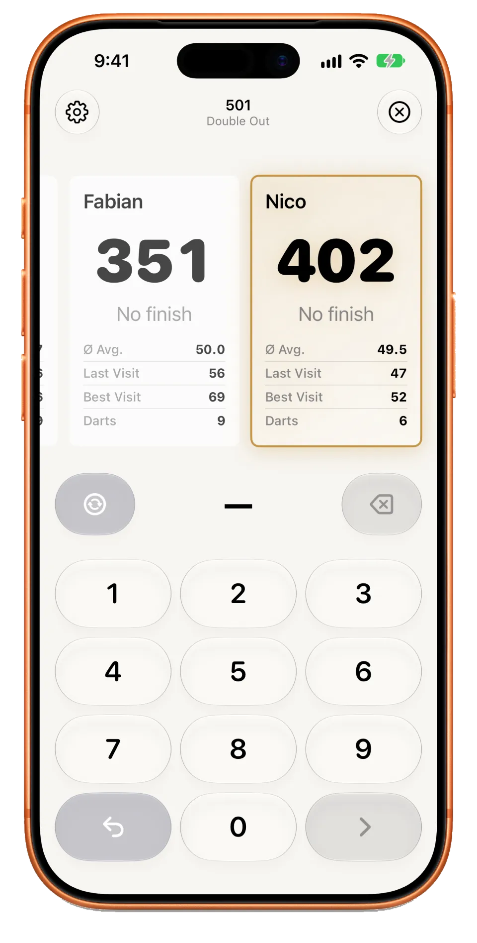 Scorer's live 501 game screen on iPhone, with the active player, scores and number keypad