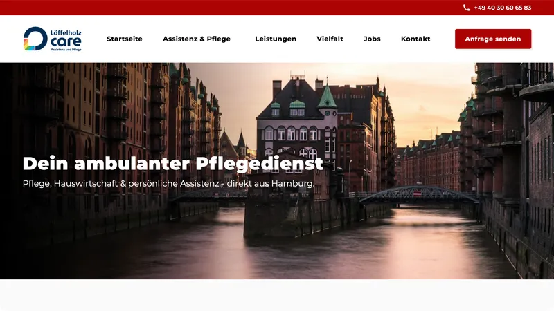 Löffelholz Care homepage hero showing Hamburg's Speicherstadt at dusk with the headline "Your Ambulatory Care Service"