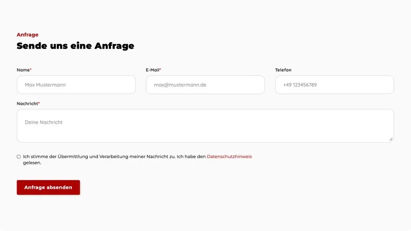 Contact form on the Contact page with fields for name, email, phone, and message