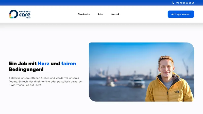 Löffelholz Care Mobil jobs page hero with the headline "A Job with Heart and Fair Conditions!" next to a driver portrait at Hamburg harbour