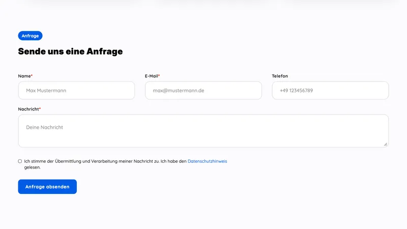 Contact page request form with fields for name, email, phone, and message