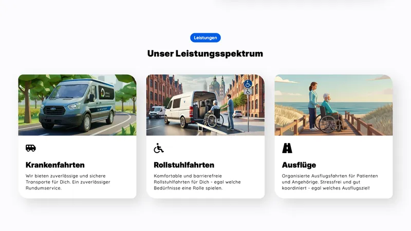 Service grid showing non-emergency medical transport, wheelchair transport, and outings, each with an illustrated card