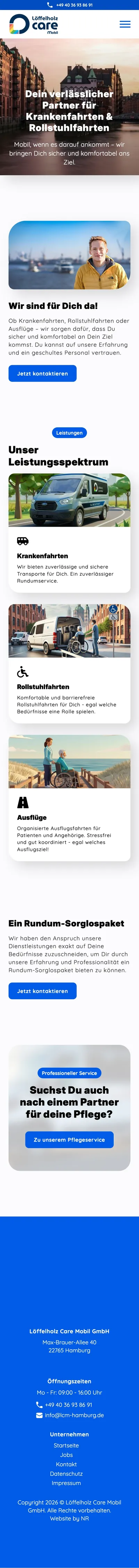 Löffelholz Care Mobil homepage on mobile, scrolled through the hero, service cards, and footer with partner link to Löffelholz Care