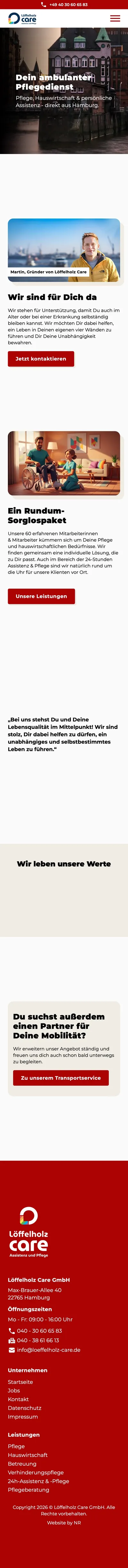 Löffelholz Care homepage on mobile, scrolled through the Hamburg Speicherstadt hero, the founder photo, and the "all-inclusive care package" section