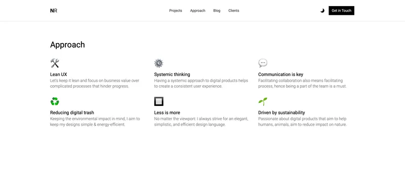 nickringelmann.com approach section listing six product design principles, from lean UX to sustainability