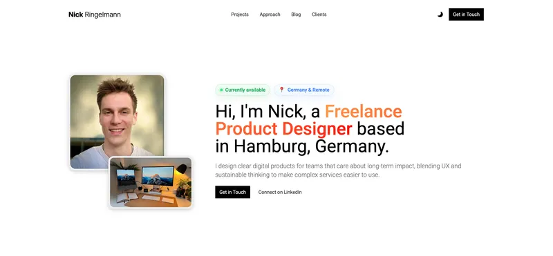 nickringelmann.com homepage hero introducing Nick as a freelance product designer based in Hamburg