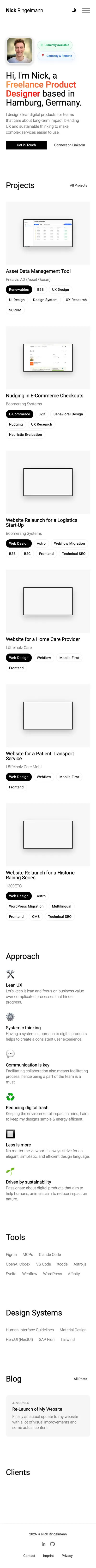 nickringelmann.com on mobile, scrolled through the hero, project grid, and approach sections