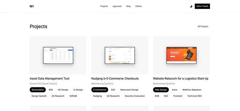 nickringelmann.com projects section showing real client and side projects with their tags