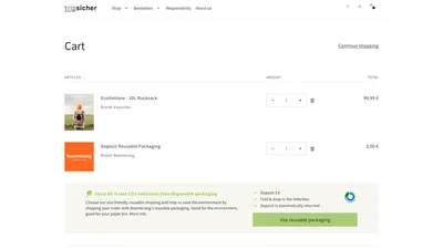 Redesigned Shopify cart with the reusable packaging deposit as a line item and a green framing nudge promising up to 80% less CO2 than disposable packaging