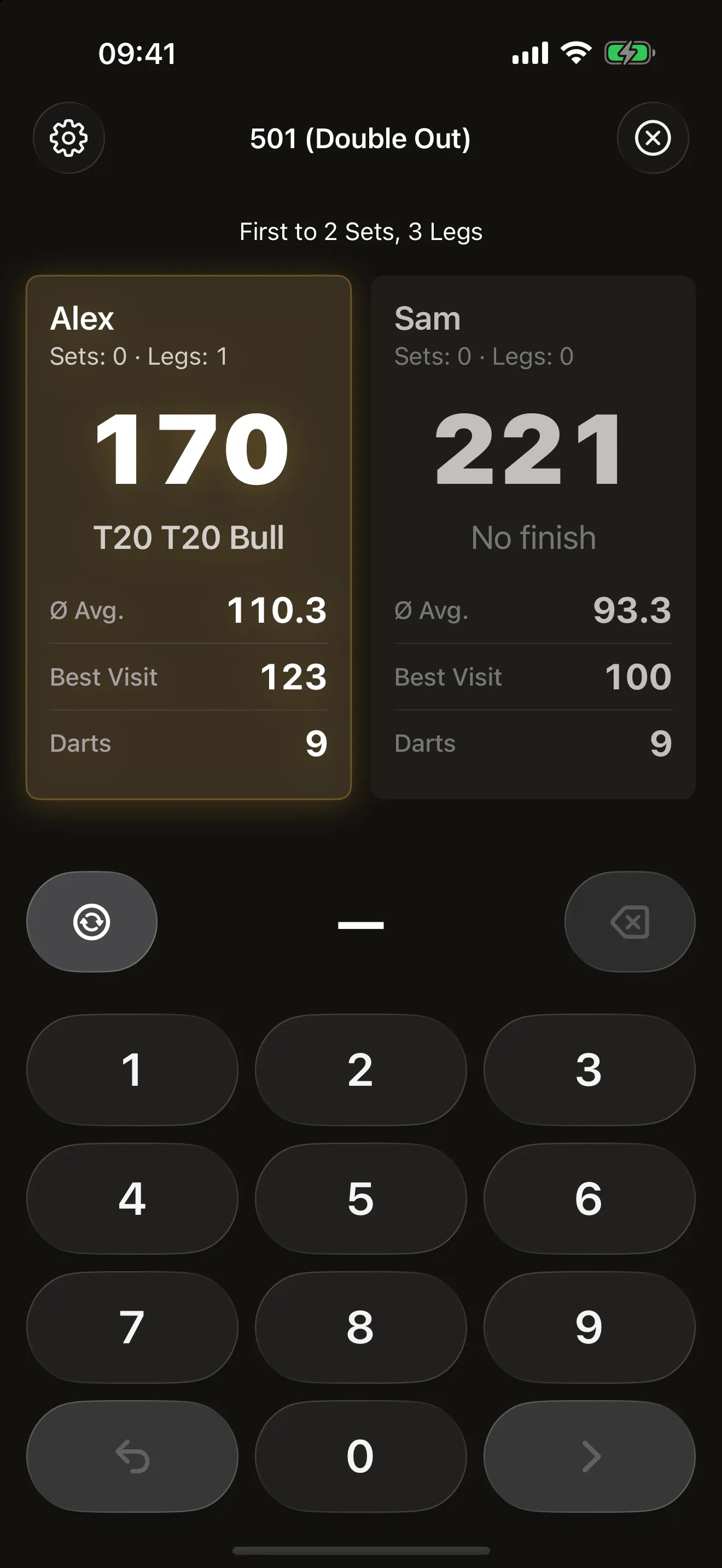The same in-progress Scorer match in dark mode, showing the active player treatment, checkout route, statistics and score keypad