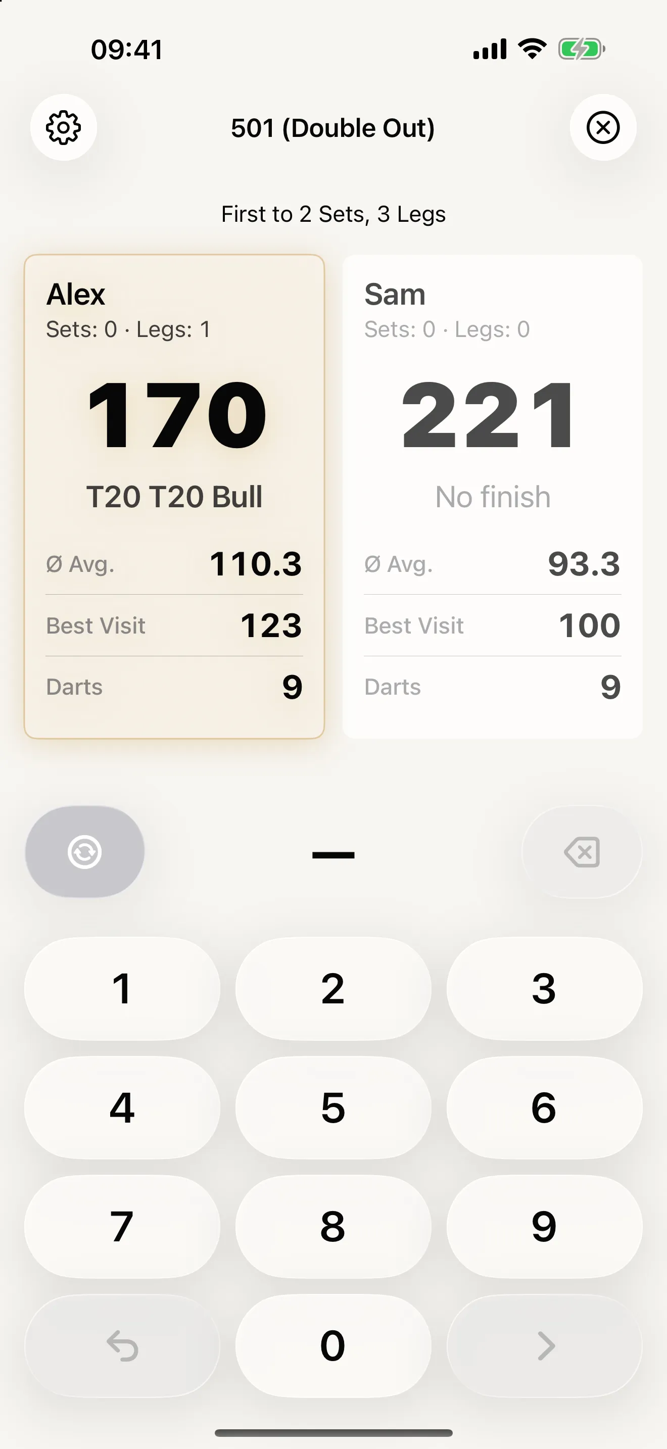 Scorer in light mode during a 501 Double Out match between Alex and Sam, with Alex on 170 and a T20 T20 Bull checkout suggestion
