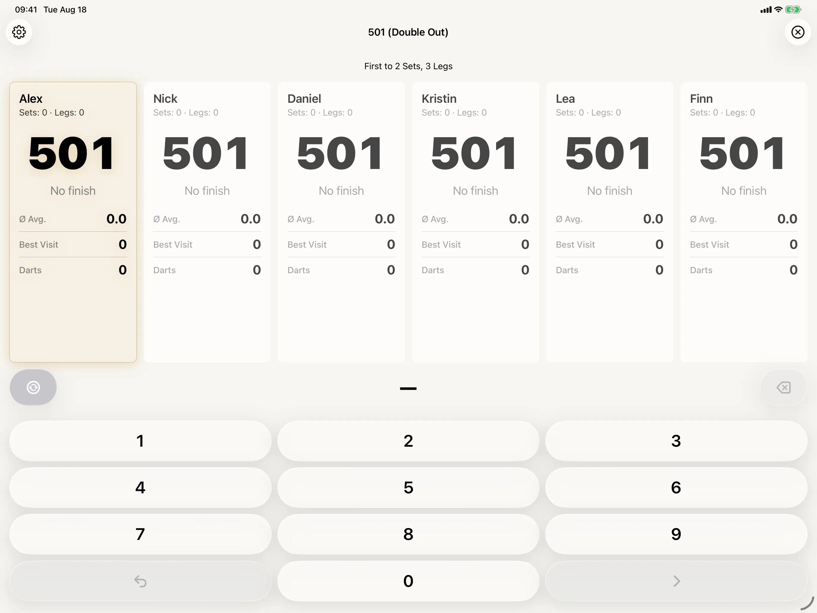 Scorer on a 13-inch iPad in landscape at the start of a six-player 501 Double Out match, with a card per player across the full width and a wide three-column keypad below
