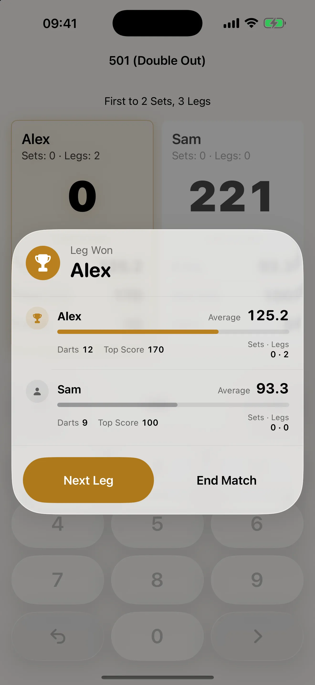 Scorer leg result on iPhone showing Alex and Sam with their averages, darts thrown and top scores