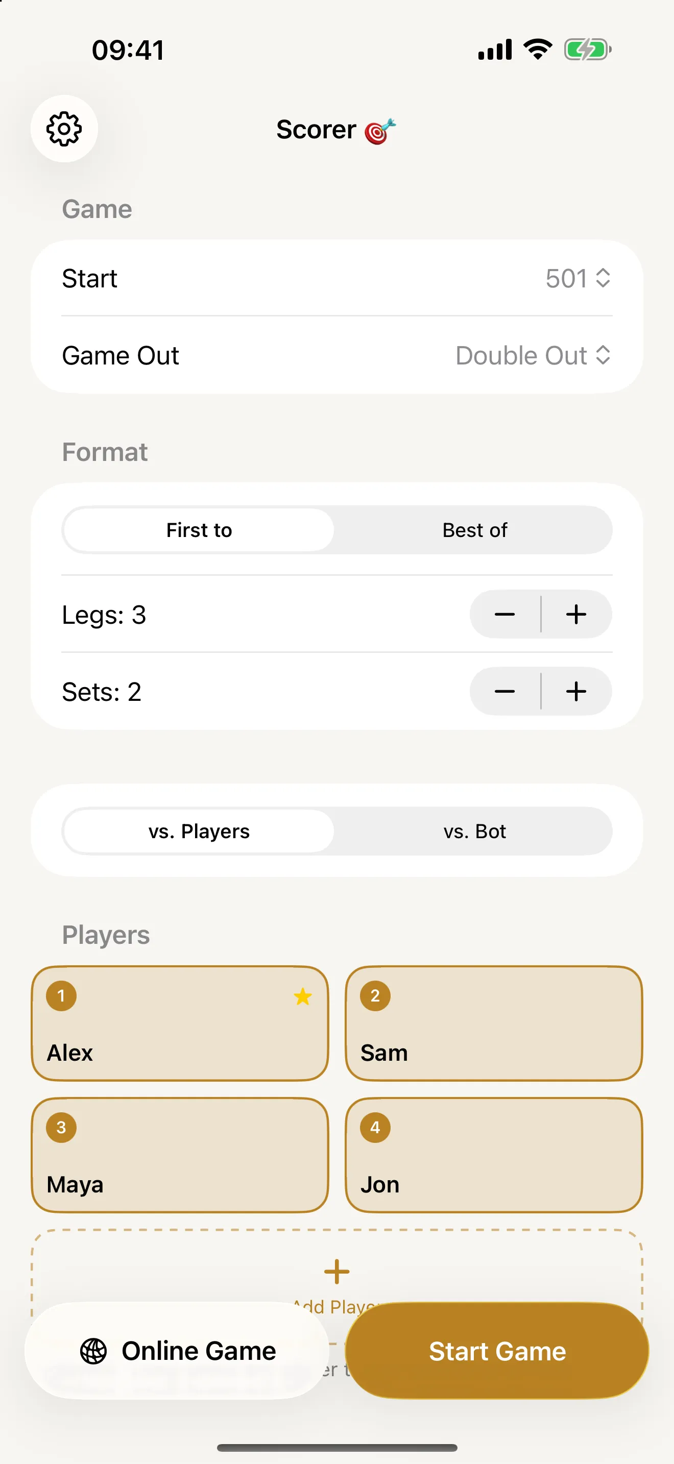 Scorer game setup on iPhone for a 501 Double Out match with Alex, Sam, Maya and Jon selected